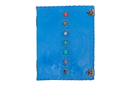 TUZECH Seven Chakra Medieval Stone Embossed Handmade Jumbo Leather Journal Book of Shadows Notebook Office Diary College Poetry Sketch (Sky blue, 13 Inches)