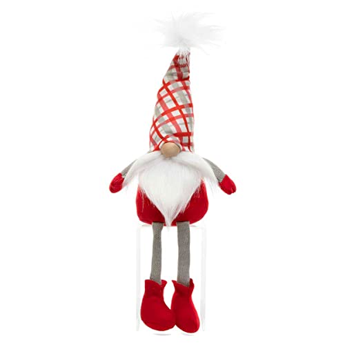 MeraVic Cheers Gnome Red/Grey with Plaid Wired Hat, Fur Pom-Pom, Wood Nose and White Mustache/Beard, Arms and Floppy Legs, 18 Inches, Christmas Decoration