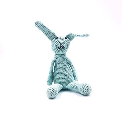 Pebble Sweet Little Bunny Rattle, 8-inch Length, Cotton Yarn, Light Turquoise