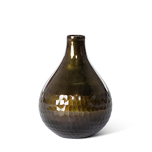 Park Hill Collection Honeycomb Engraved Bottle Vase, Medium, 11.5-inch Height, Glass, Patina Green, for Decorative Use, Home, Kitchen, Office, Living Room, Indoor