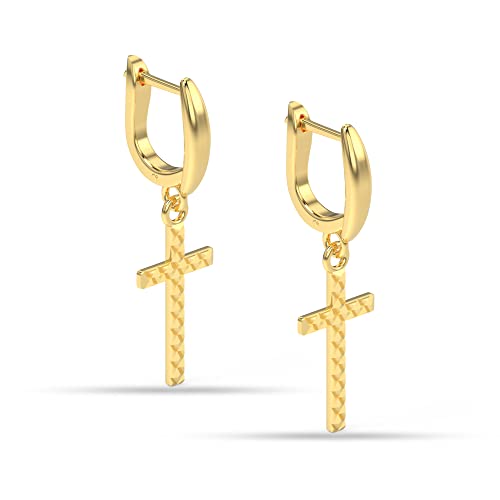 LeCalla Sterling Silver Jewelry Gold-Plated Diamond-Cut Huggie Cross Drop Dangle Earrings for Women