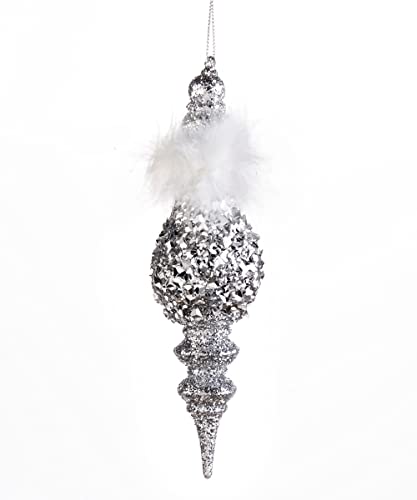 Giftcraft 683258 Christmas Silver Finial Ornament with Feathers, 7-inch Height, Plastic and Polyester