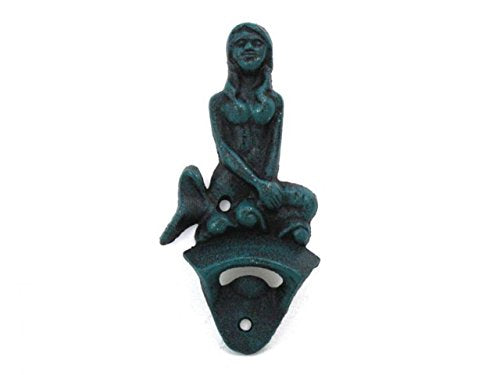 Hampton Iron Seaworn Blule Wall Mounted Mermaid Bottle Opener 6"-Vintage Cast Iron Decor-Sea Life