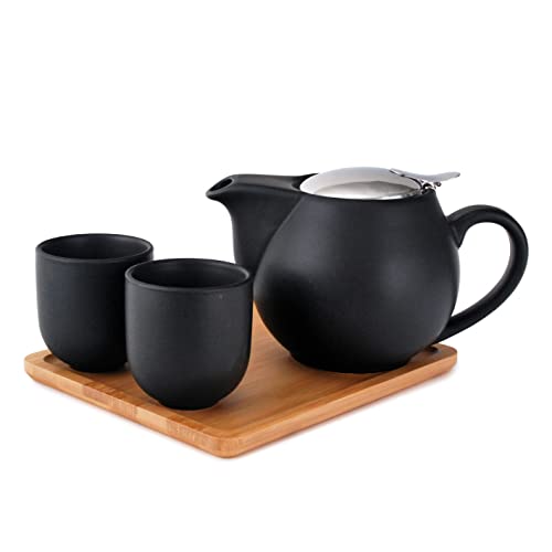 FMC Fuji Merchandise Glazed Ceramic 22 Fl Oz Teapot with Matching 2 Piece Cups and Bamboo Tray Tea Set (Black Matte)