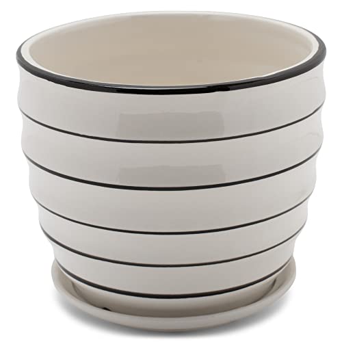 Napco Ribbed White and Black Striped 5.25 x 6 Inch Ceramic Flower Pot Planter with Saucer