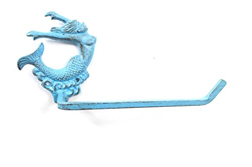 Hampton Iron Handcrafted Nautical Decor Rustic Light Blue Cast Iron Decorative Arching Mermaid Toilet Paper Holder 11"