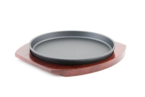 FMC Fuji Merchandise Round Shape Personal Cast Iron Steak Plate Sizzle Griddle with Wooden Base Steak Pan Grill Fajita Server Plate Restaurant or Home Use (8.75" Diameter)