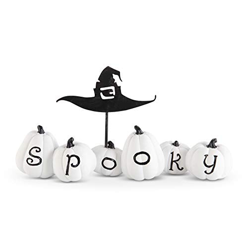 K&K Interiors 42014B 8 Inch Resin Spooky Pumpkins with Metal Witch Hat, Black and White