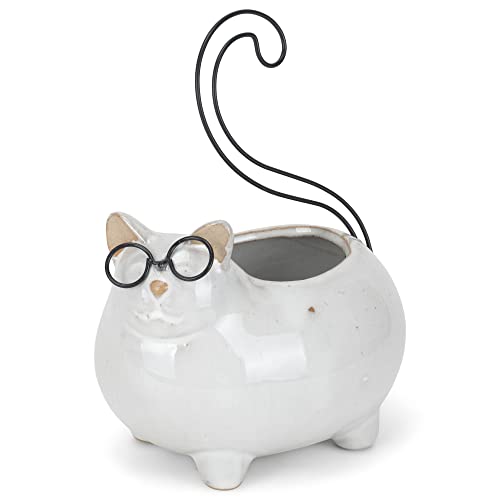 Napco Groovy Cat with Glasses 3.25 Inch White Wire and Ceramic Flower Pot Planter