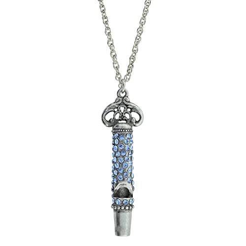1928 Jewelry Women's Antiqued Matte Silver Functional European Light Sapphire Blue Pave Crystal Pendant Whistle Necklace 30"