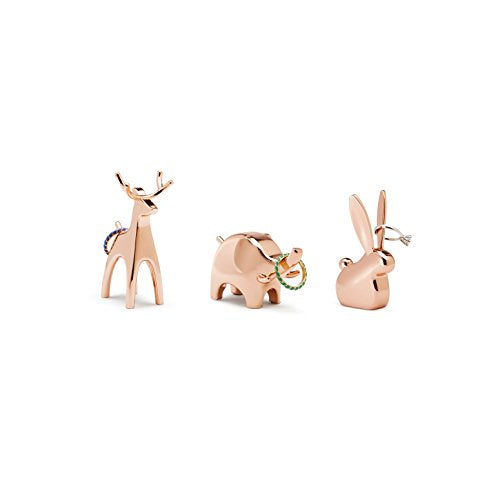 Umbra Anigram Animal Ring Holder for Jewelry (3-Pack containing Bunny, Reindeer and Elephant), Copper