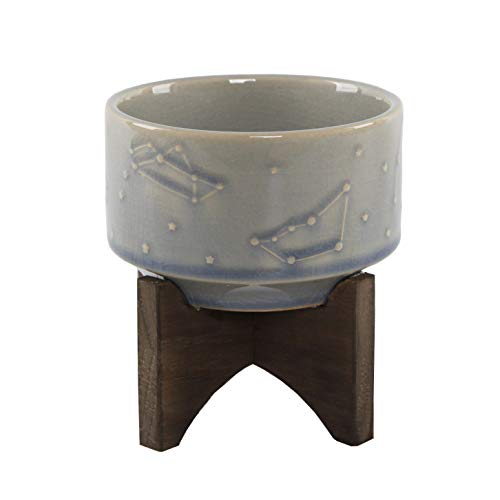 Flora Bunda 4 Inch Constellation Ceramic Pot on Wood Stand Mid Century,Glass Blue 4"