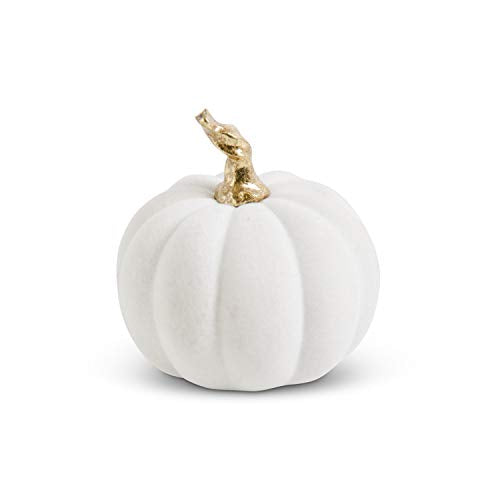 K&K Interiors 41488A-WH 3.5 Inch White Velvet Pumpkin w/Twisted Gold Stem