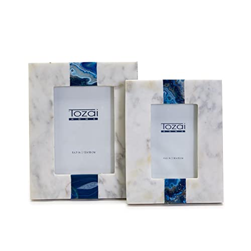 Two's Company White Marble with Blue Agate Inlay Photo Frame, 2 Sizes, Set of 2