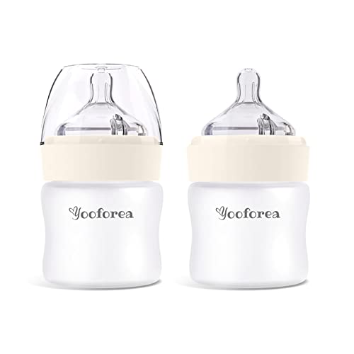 Yooforea Silicone Coated Glass Baby Bottle, 0M+ Slow Flow Nipple I Anti-Colic, Wide Neck, Stable Base I Medical-Grade Silicone Coating for Shatter Protection, BPA BPS PVC Free (2 Pack, 3 Ounce-Cream)