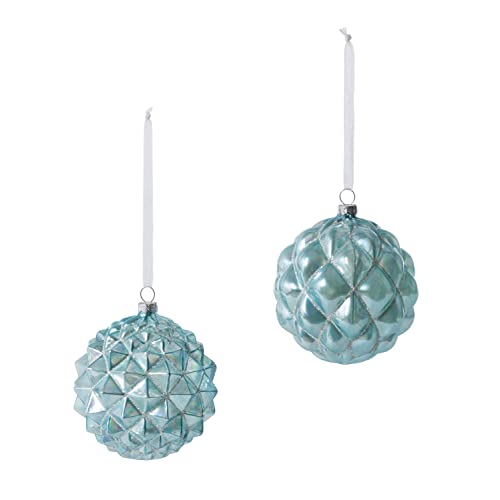 Park Hill Collection XAO20912 Northern Sky Blue Geo Pattern Glass Ornament, Set of 2