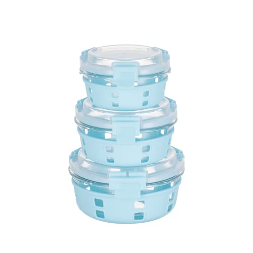 Genicook HI-TOP Lids with Pro Grade Removable Lockdown Levers and Silicone Sleeve Round Container, Set of 3, Blue, Kitchen Accessories