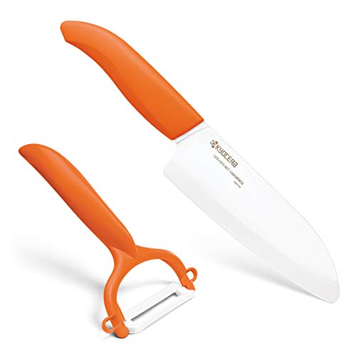 Kyocera Advanced Ceramic Revolution Series 5-1/2-inch Santoku Knife and Y-Peeler Set, Orange