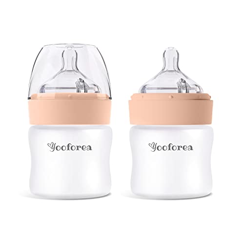 Yooforea Silicone Coated Glass Baby Bottle, 0M+ Slow Flow Nipple I Anti-Colic, Wide Neck, Stable Base I Medical-Grade Silicone Coating for Shatter Protection, BPA BPS PVC Free (2 Pack, 3 Ounce-Honey)