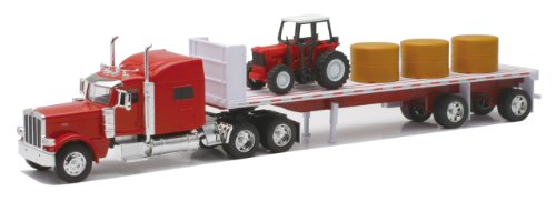 New Ray Toys Peterbilt 389 with Hay and Farm Tractor Playset 1/32 Scale Model Toy Vehicles