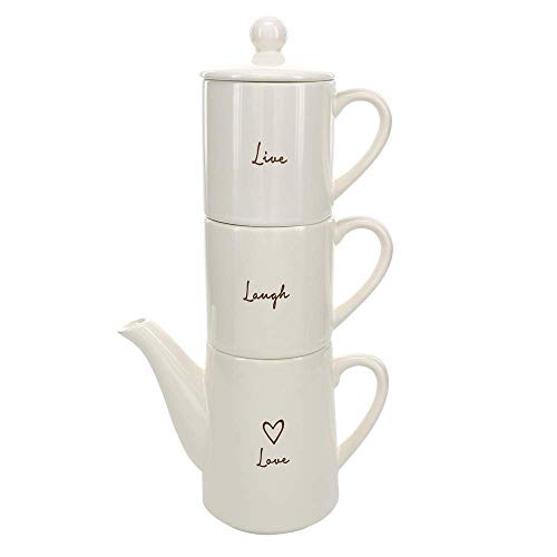 Pavilion Gift Company Love 15 oz Teapot With 2 Live & Laugh 8 oz Mugs Stackable Tea For Two Set, Cream