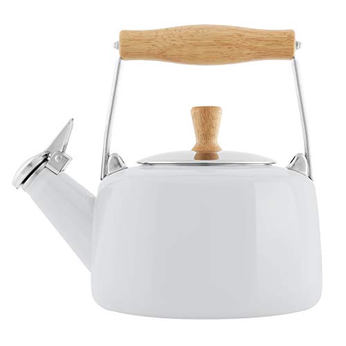 Chantal Enamel on Steel Sven Teakettle with Natural Wood, 1.4 quarts (Glossy White)