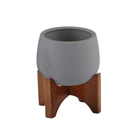 Flora Bunda Mid-Century 4.8" Soft-Touch Round Ceramic Pot w/Wood Stand, Grey Planter Mid Century