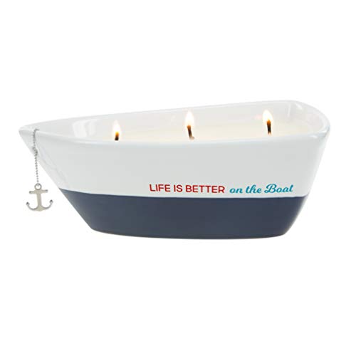 Pavilion Gift Company Life is Better 10 Oz Triple Wick Candle in Ceramic Boat Dish, Blue