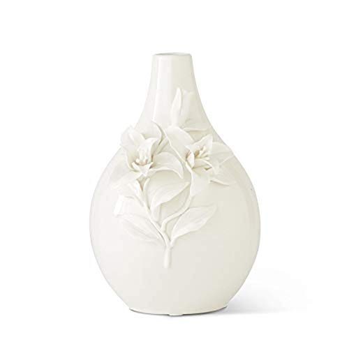 K&K Interiors 16334B 10.5 Inch White Ceramic Bottle Neck Vase with Raised Lily Flowers