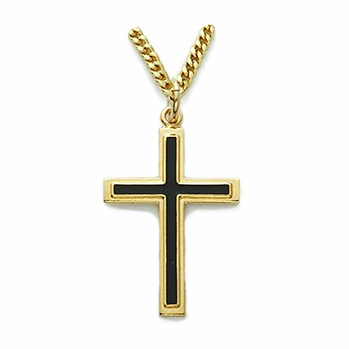True Faith Jewelry 14 KT Gold-Plated Sterling Silver Cross Pendant Necklace Black Enameled, Religious Jewelry, 1 Inch