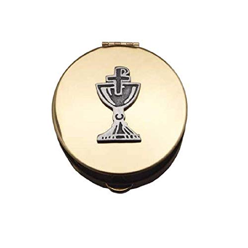 Cathedral Art Pyx With Chalice and Chi-Rho Cross (PS122) - 2 1/8" Diameter, 1/2" Deep, Polished Brass