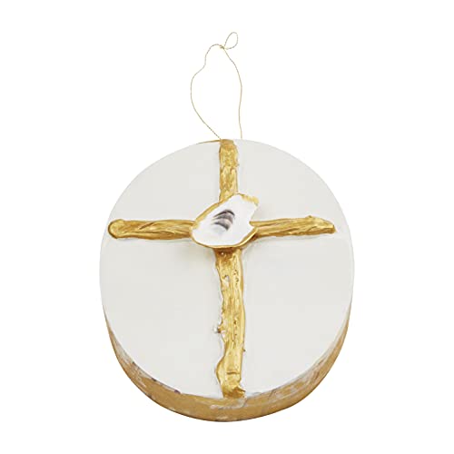 Mud Pie Coastal Oyster Shell Block Ornament, Gold Cross, 4 x 3.25 inch, Pine Wood