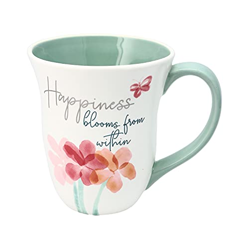 Pavilion - 16 oz Large Coffee Cup Mug Happiness Blooms From Within Watercolor Butterfly And Flower Trio