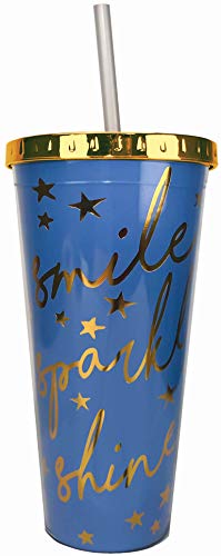 Spoontiques 21623 Smile Sparkle Shine Foil Cup w/Straw, 20 ounces, Blue