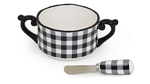 Boston International Ceramic Bowl and Stainless Steel Spreader, 4.75 x 2.75-Inches, Black & White Check