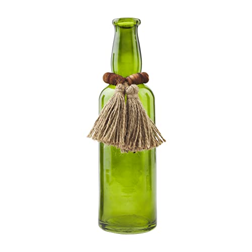 Mud Pie Green Bottle Bottle, Brown Breaded Tassel, 11.54" x 3.39", Glass