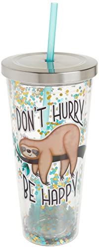 Spoontiques 21349 Sloth Glitter Cup w/Straw, 20 ounces, Teal