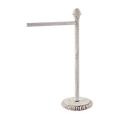 Mud Pie Farmhouse Washed Beaded Wood Pedestal Paper Towel Holder, 16" x 6" Dia, White, Grey