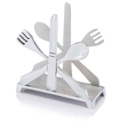 Modern Day Accents Cubiertos Cutlery, Paper Napkin Holder for Kitchen Tables and Counter Tops, Aluminum, Fork, Spoon, and Knife, 5.5" L x 2" W x 5.5" H, Silver