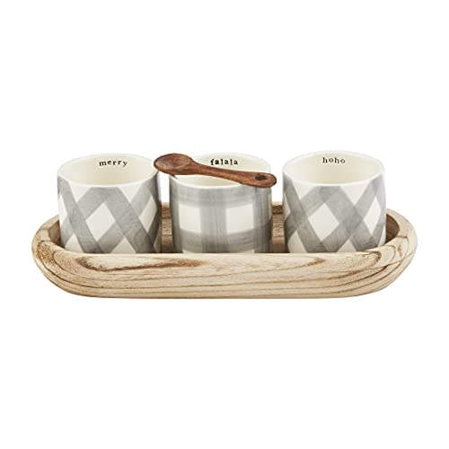 Mud Pie Gray and White Check Dip & Tray Set, 5" x 10.5", tray 5" x 10 1/2" | dip 2 3/4" x 3" dia | spoon 4 1/4"