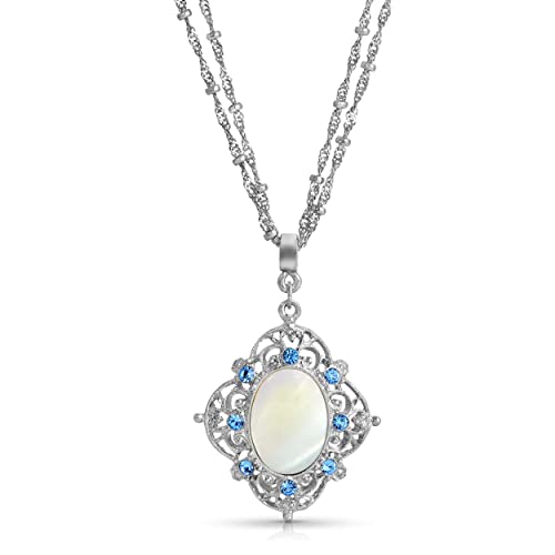 1928 Jewelry Aquamarine Blue Crystal Mother of Pearl Filigree Pendant Necklace 16" + 3" Extender