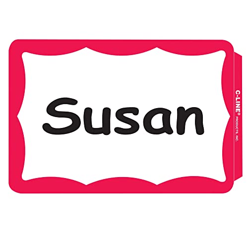 Pens C-Line Pressure Sensitive Peel and Stick Name Badges, Red Border, 3.5 x 2.25 Inches, 100 per Box (92264)