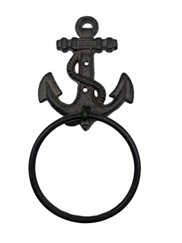 Comfy Hour Antique & Vintage Interior Decor Collection, Ocean Edition Cast Iron Solid Anchor Towel Ring, Brown Aged Old Fashioned - for Hanging Towel, Wash Cloth and Etc