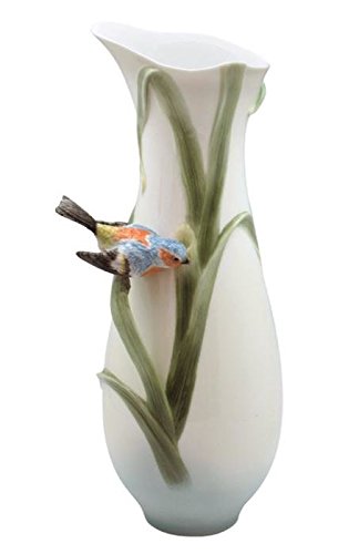 Unicorn Studio 12 Inch Tall Porcelain Vase with Reed and Perched Blue Titmouse