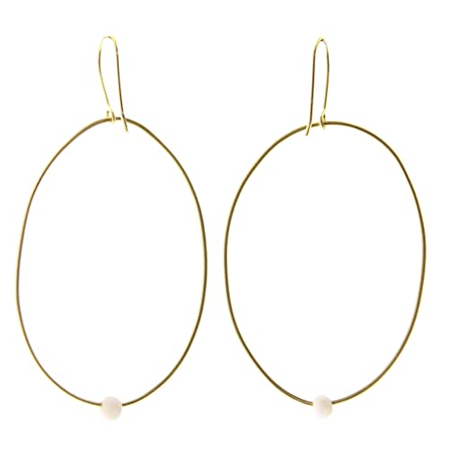 HomArt Lombok Organic Oval Earring, 3-inch Height, Brass and Glass Beads, White