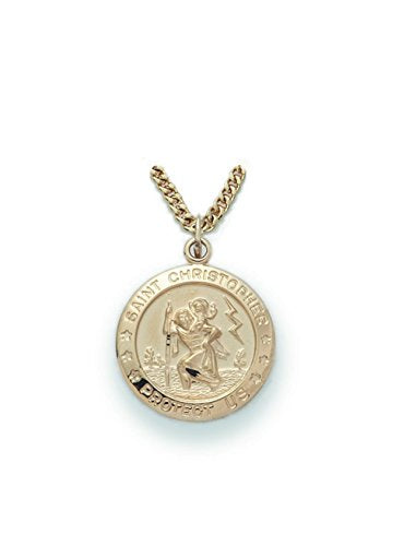 True Faith Jewelry 14K Gold-Plated Sterling Silver Saint Christopher Medal Patron Saint Pendant Necklace Religious Jewelry, 3/4 Inch