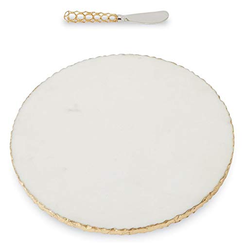 Mud Pie Gold Edge Marble Serving Board Set with Spreader,11.5" dia, White