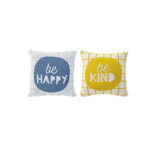 Ganz Mini Be Happy and Be Kind Knit Pillow, Pack of 2, 10 Width, 10 Height, Yellow, Blue