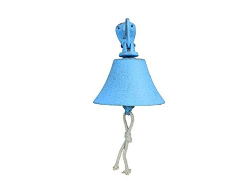 Hampton Iron Rustic Hanging Ship's Bell 6" Decoration-Antique Vintage Cast Iron, Solid Light Blue