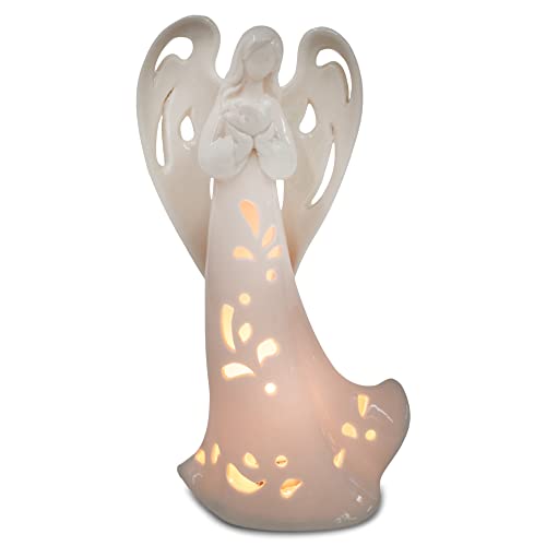 Napco Angel Holding Bird Classic White 10 Inch Ceramic Illuminated Figurine